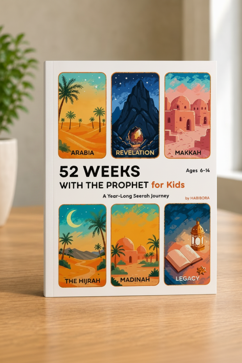 A children's book titled "52 Weeks with the Prophet for Kids" standing upright on a wooden surface. The cover shows six colorful illustrated panels with desert landscapes, mountains, domed buildings, a crescent moon, and an open book, plus a dark blue spine.