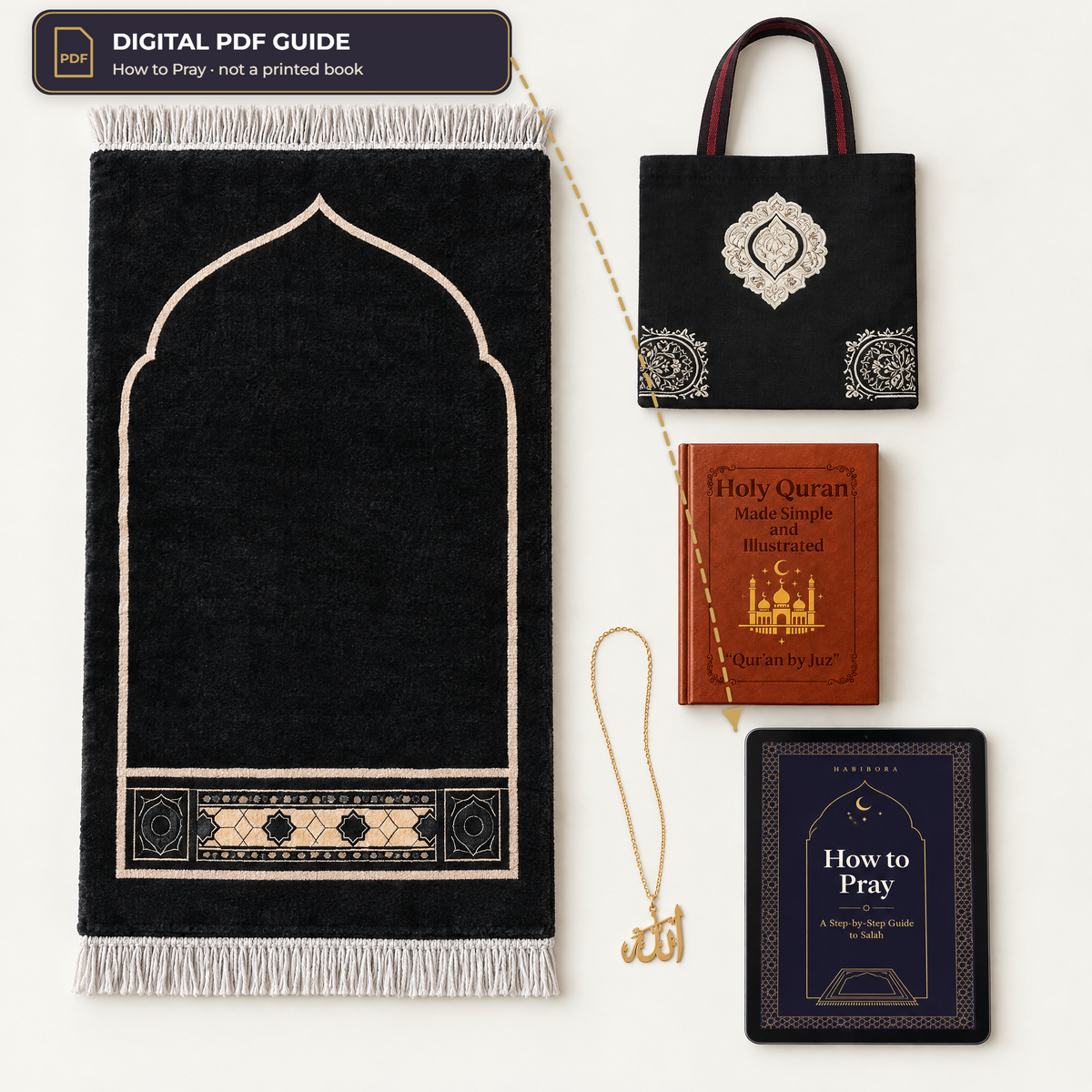 What's inside the bundle: prayer rug, gift bag, Holy Quran Made Simple, Allah necklace and the How to Pray digital PDF guide, shown on a tablet