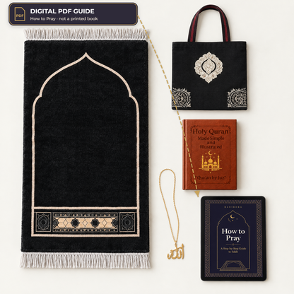 What's inside the bundle: prayer rug, gift bag, Holy Quran Made Simple, Allah necklace and the How to Pray digital PDF guide, shown on a tablet
