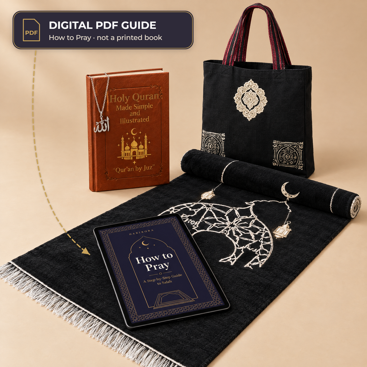 Quran & Prayer Gift Bundle with the Crescent & Mosque prayer rug, gift bag, Holy Quran Made Simple, silver Allah necklace and the digital PDF guide shown on a tablet