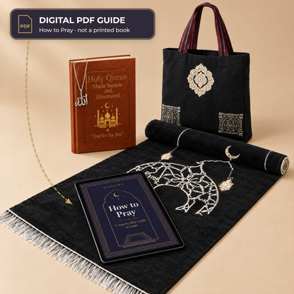 Quran & Prayer Gift Bundle with the Crescent & Mosque prayer rug, gift bag, Holy Quran Made Simple, silver Allah necklace and the digital PDF guide shown on a tablet