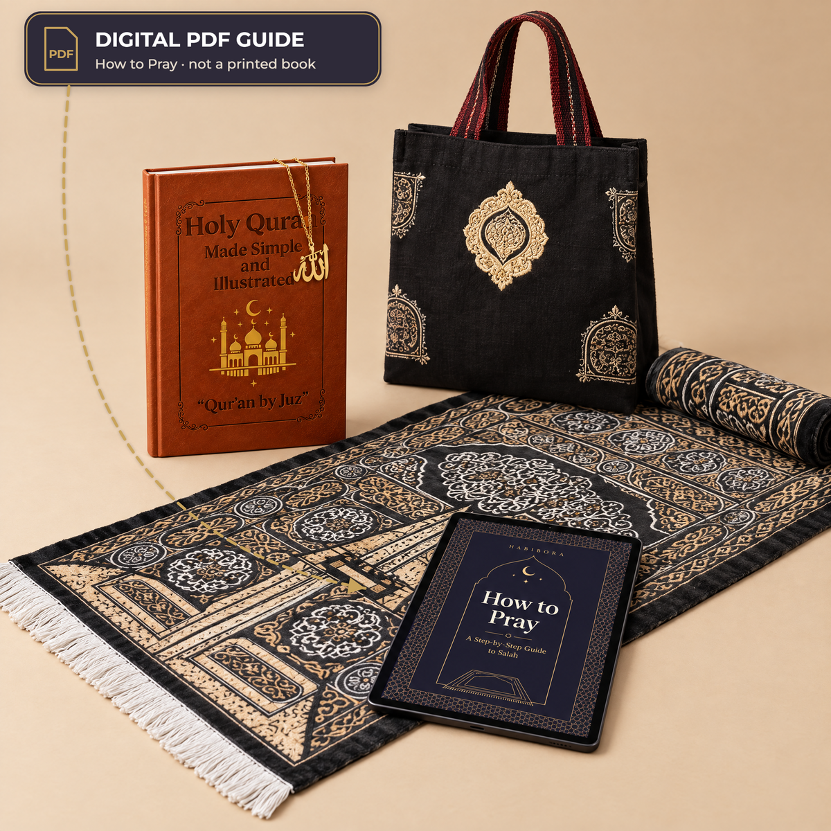 Quran & Prayer Gift Bundle with the Kaaba Door prayer rug, gift bag, Holy Quran Made Simple, gold Allah necklace and the digital PDF guide shown on a tablet