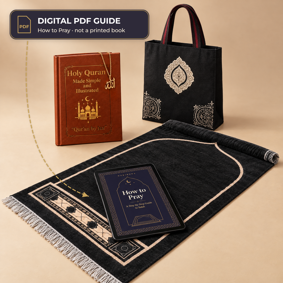 Quran & Prayer Gift Bundle with the Mihrab Arch prayer rug, gift bag, Holy Quran Made Simple, gold Allah necklace and the How to Pray digital PDF guide (not a printed book), shown on a tablet
