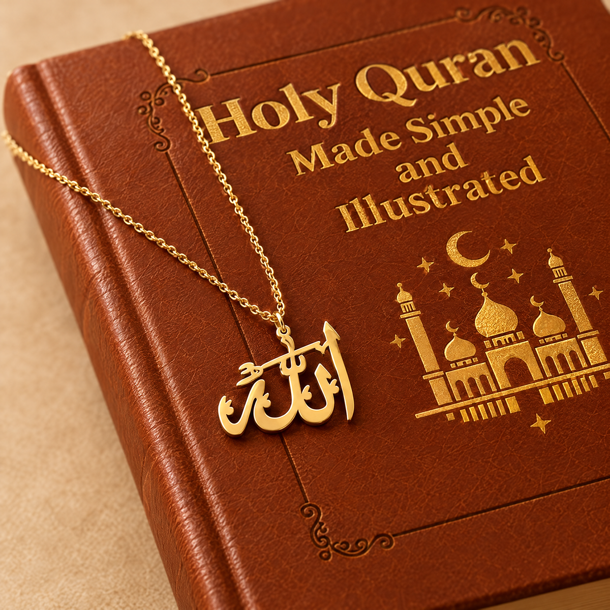 Gold Allah calligraphy necklace resting on the cover of Holy Quran Made Simple
