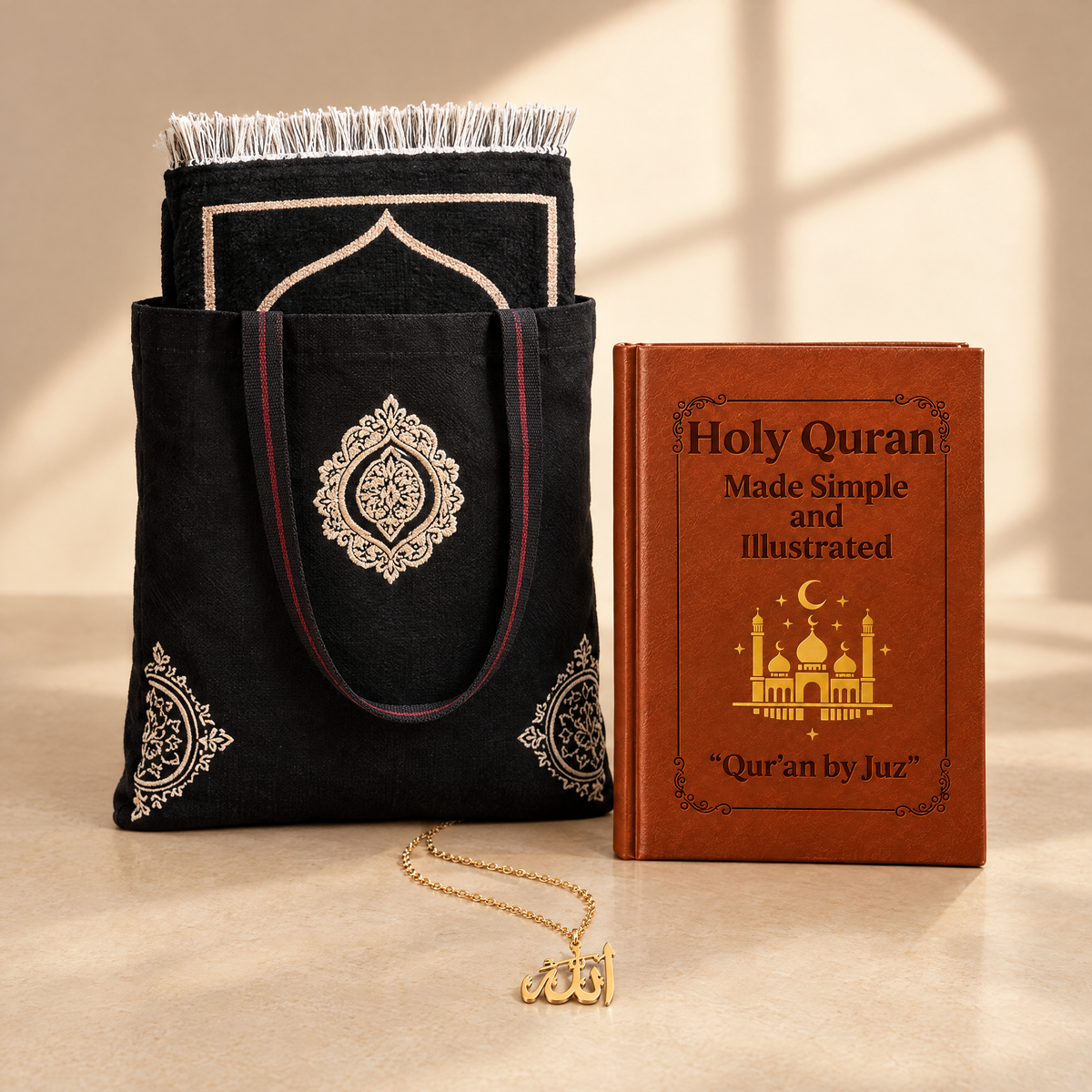 Prayer rug folded in its gift bag next to Holy Quran Made Simple and a gold Allah necklace, ready to gift