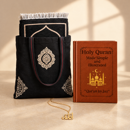 Prayer rug folded in its gift bag next to Holy Quran Made Simple and a gold Allah necklace, ready to gift