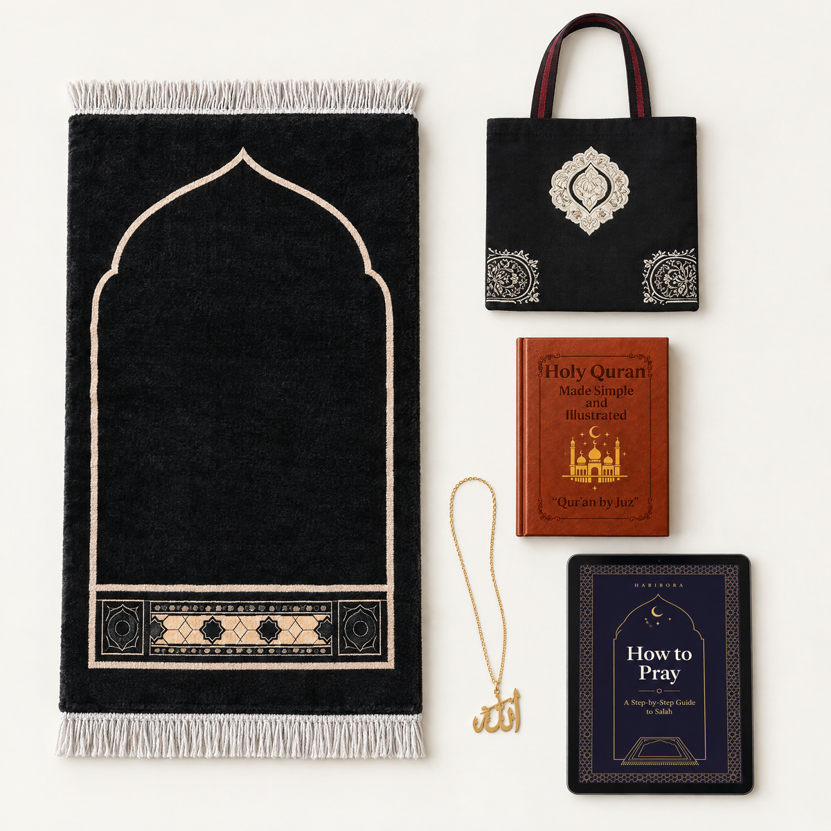 What's inside the bundle: prayer rug, gift bag, Holy Quran Made Simple, Allah necklace and the How to Pray PDF guide shown on a tablet